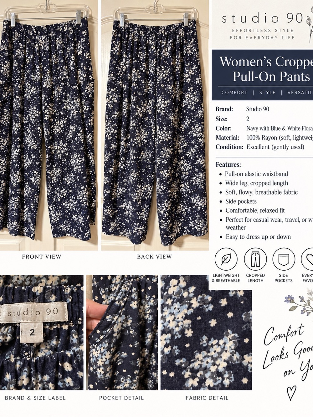 Studio 1940 Navy & White Floral Cropped Wide-Leg Pull-On Pants